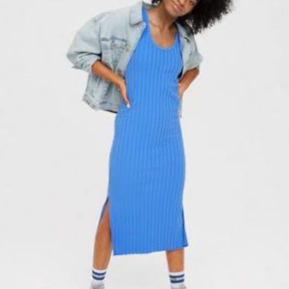 Aerie Blue Ribbed Groove Midi Dress